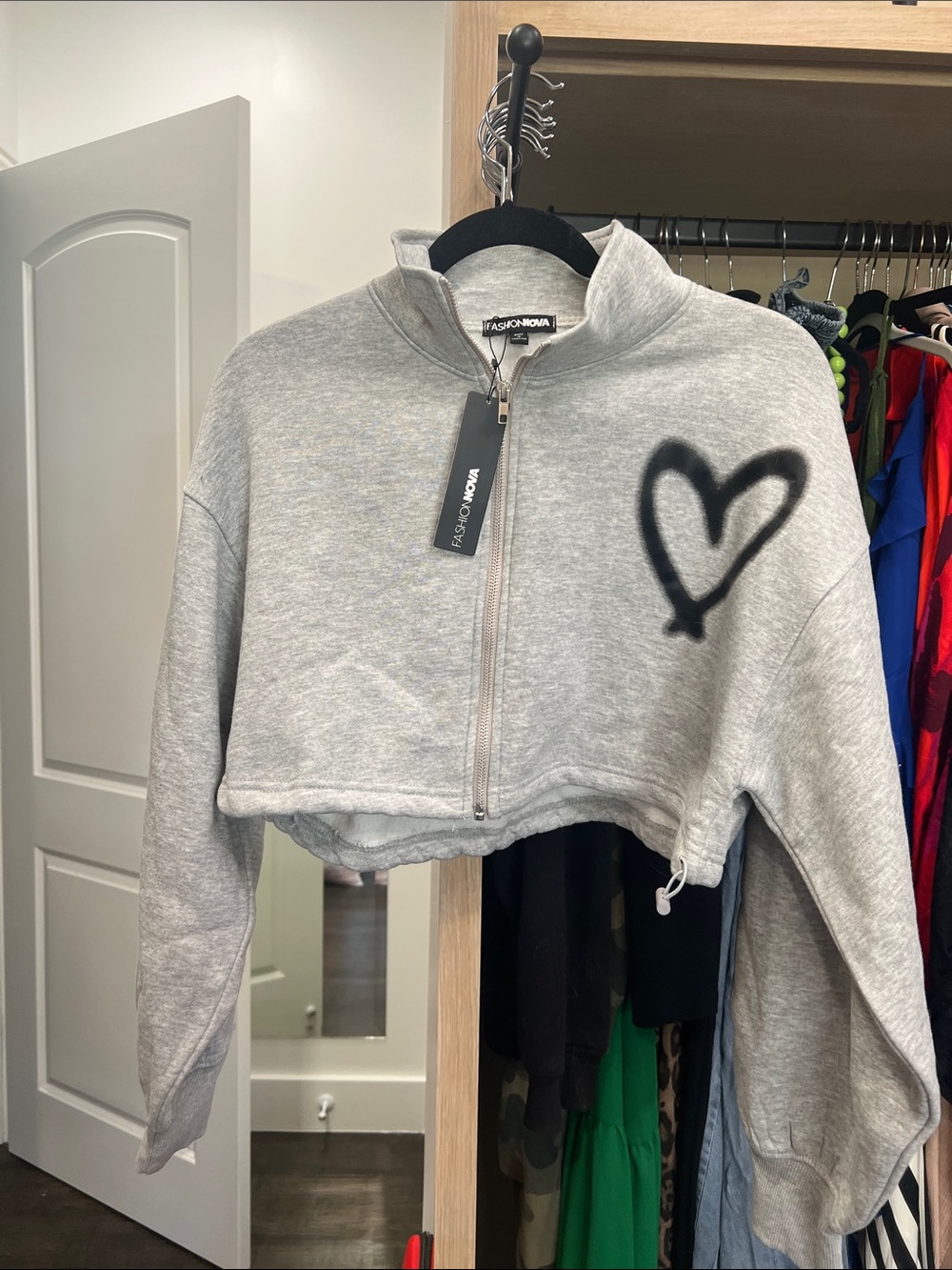 Fashion Nova Gray Cropped Zip Jacket with Black Heart Graphic